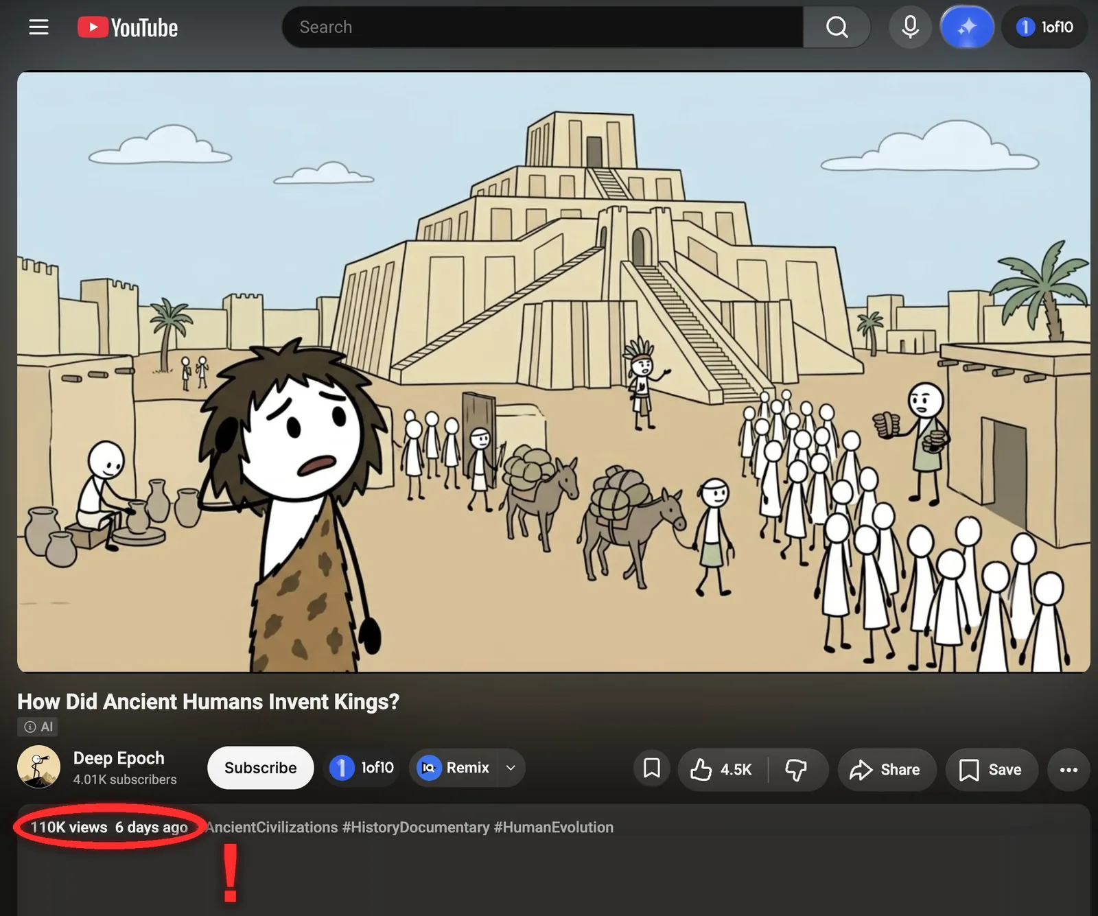 YouTube video from a small channel with the view count and upload date circled in red