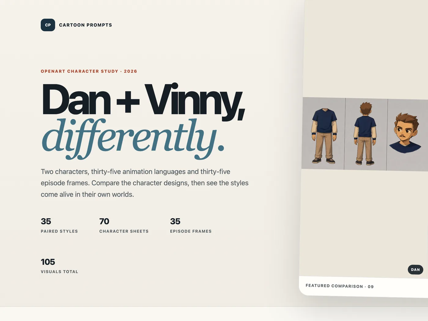The cartoonprompts.com hero block with the Dan and Vinny headline, the paired style and character sheet counts, and one sample character sheet