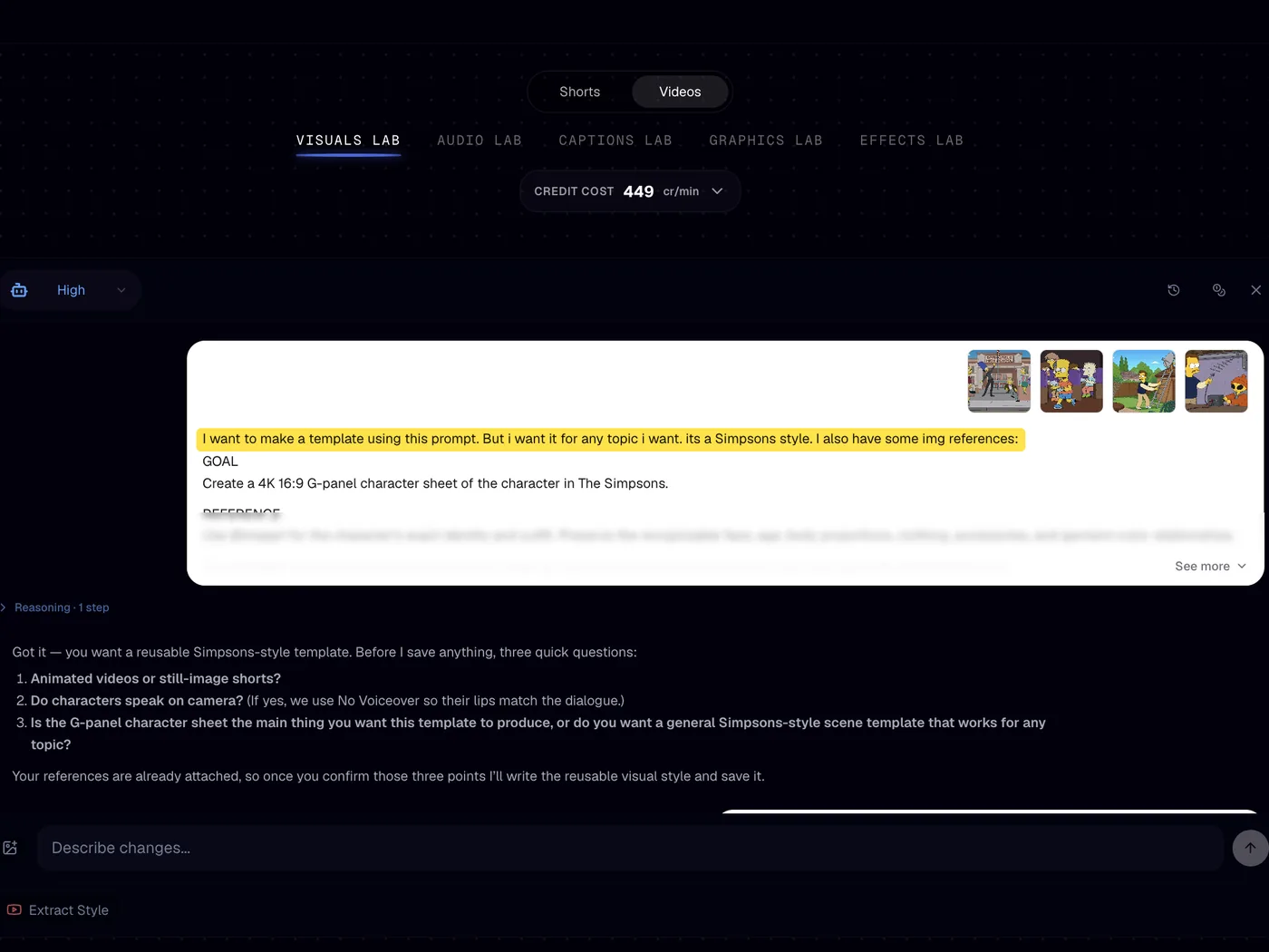 The G-panel prompt pasted into the Visuals Lab chat with reference images attached