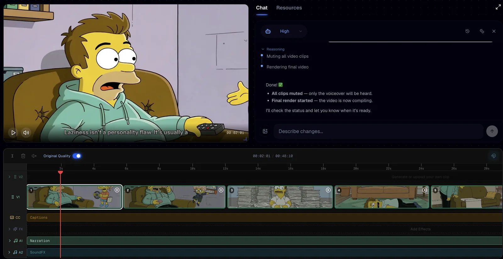 The finished Simpsons style video on the Calliope editor timeline