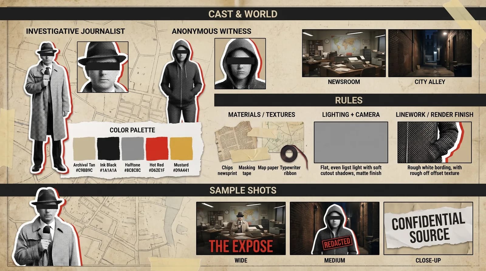Master reference sheet showing cast, world rules and sample shots for the collage style