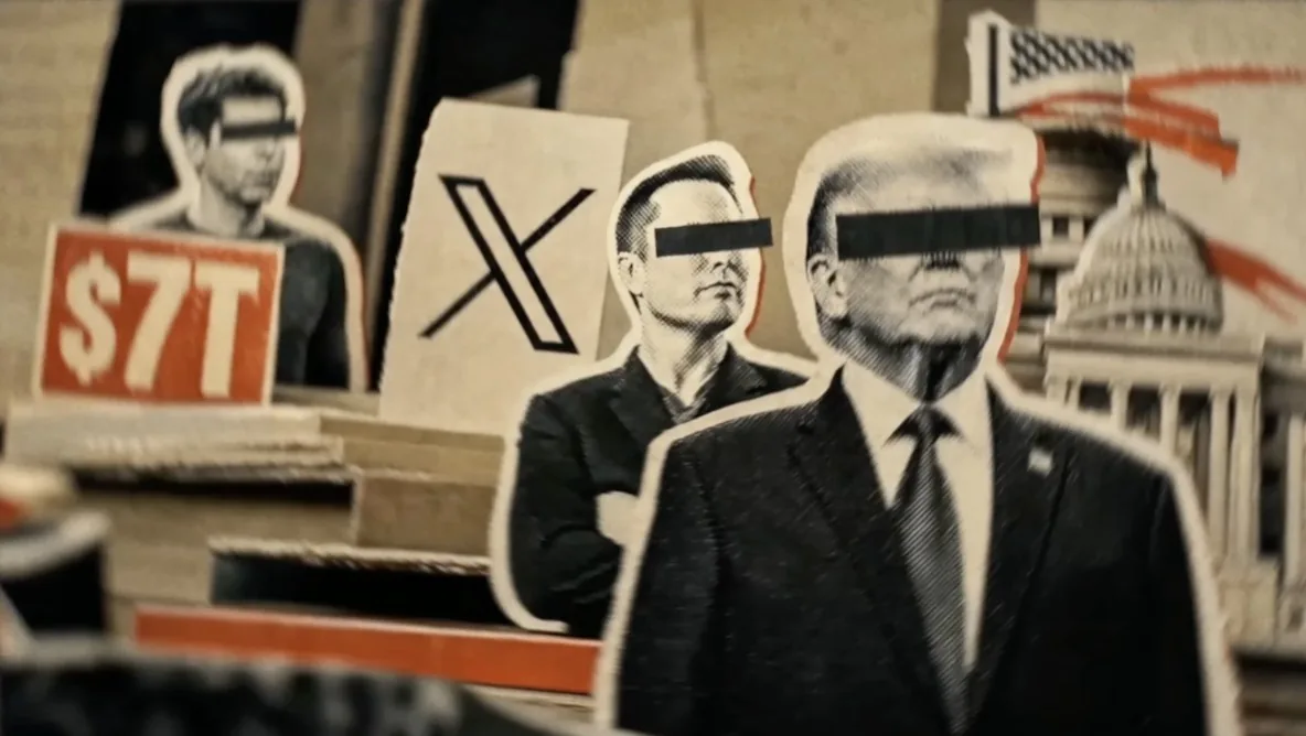 Layered political cutouts with a large red stat card in front