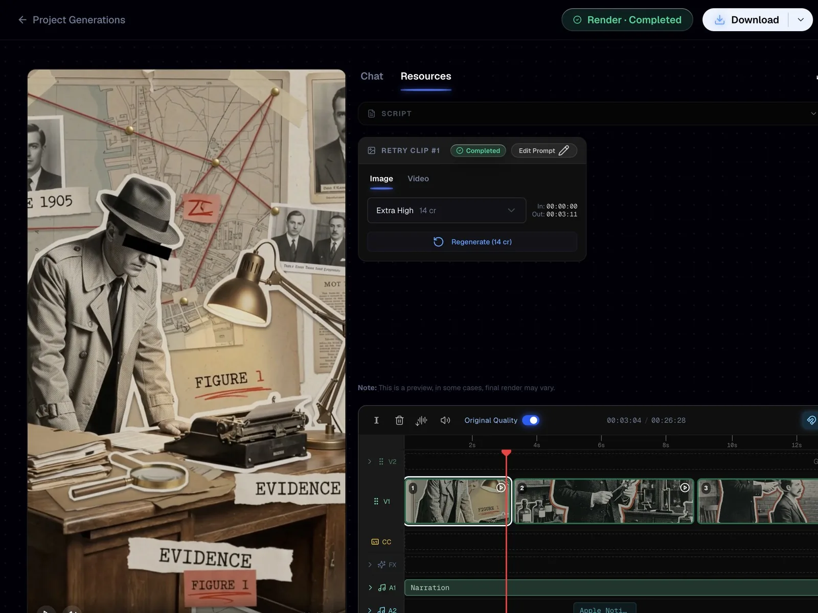 Calliope editor at three seconds showing a collage frame in the preview